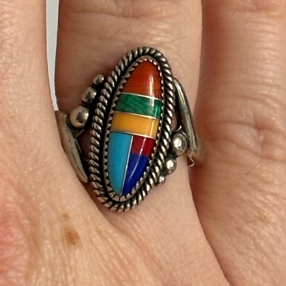 Sterling Silver Multi-Color Inlay Statement Ring Vintage Size 7.5